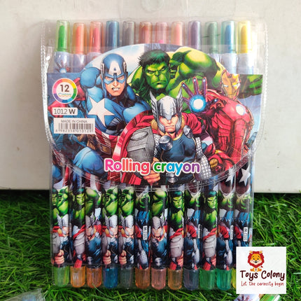 Avengers Rolling Crayons for Kids, Set of 12 Colors, Retractable, Non-Toxic & Multi-color