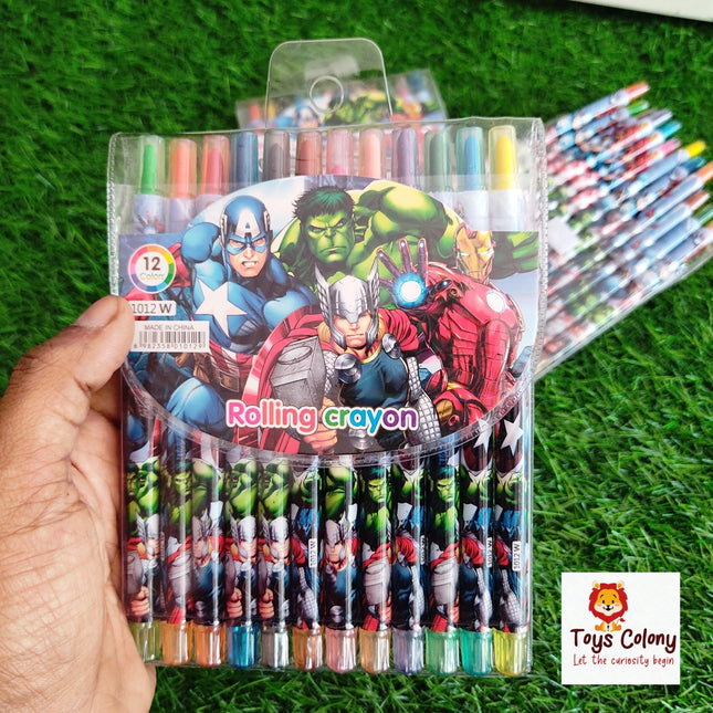 Avengers Rolling Crayons for Kids, Set of 12 Colors, Retractable, Non-Toxic & Multi-color